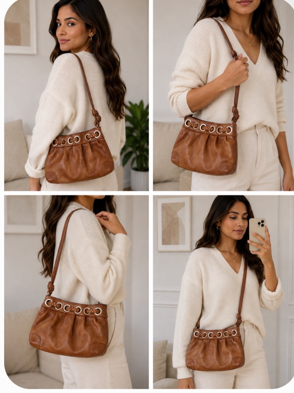 Classic American Eagle Brown Leather Shoulder Bag with Grommet Detail